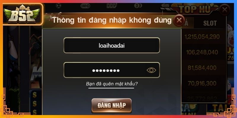 Thông tin nhập mật khẩu sai