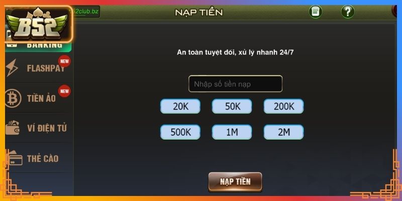 Nạp tiền B52 nhanh qua ngân hàng nội địa
