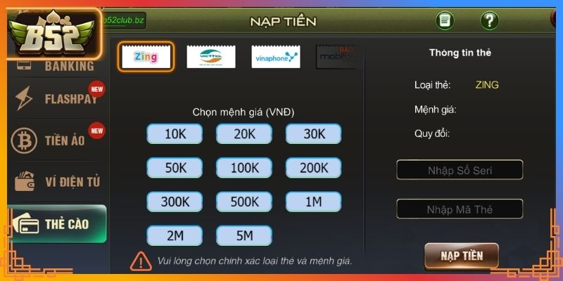 Cách nạp tiền bằng thẻ cào